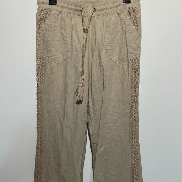 Jolt Women's Khaki Embroidered Tassel Drawstring Wide Leg Pants Size 1 NWT - Picture 1 of 9